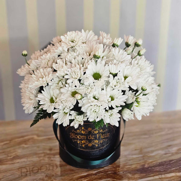 Black Bloom de Fleur hatbox with dark green ribbon, overflowing with white chrysanthemum daisies with green centers.